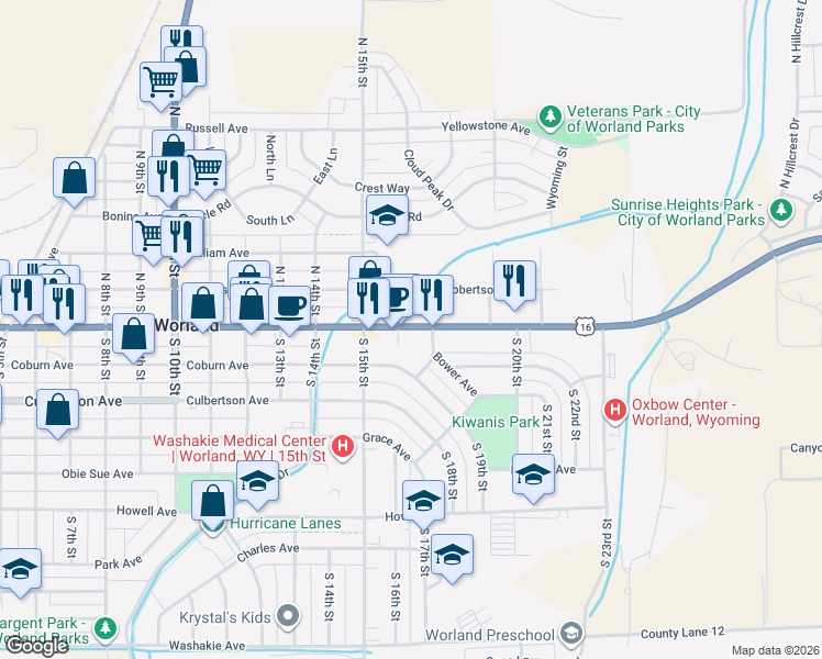 map of restaurants, bars, coffee shops, grocery stores, and more near 199 North 17th Street in Worland
