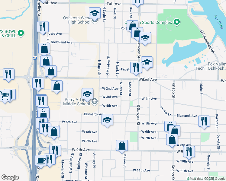 map of restaurants, bars, coffee shops, grocery stores, and more near 1437 West 2nd Avenue in Oshkosh