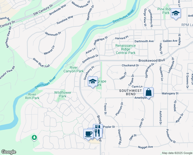 map of restaurants, bars, coffee shops, grocery stores, and more near 19474 Hollygrape Street in Bend