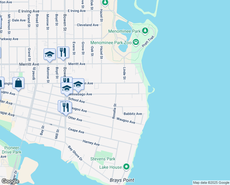 map of restaurants, bars, coffee shops, grocery stores, and more near 359 Rosalia Street in Oshkosh