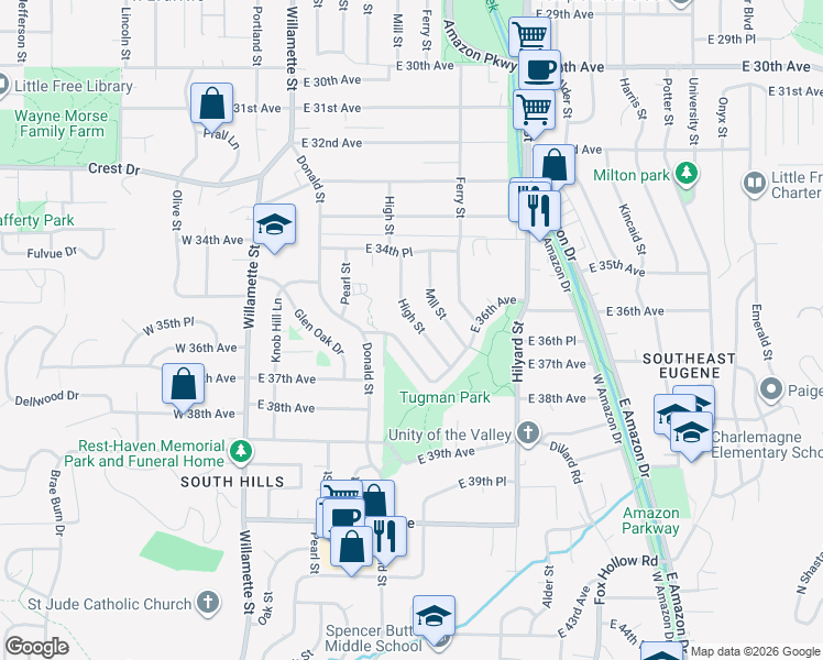 map of restaurants, bars, coffee shops, grocery stores, and more near 3540 Mill Street in Eugene