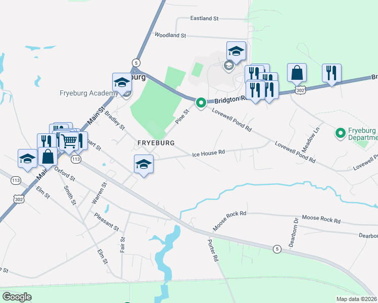 map of restaurants, bars, coffee shops, grocery stores, and more near 10 Howe Street in Fryeburg