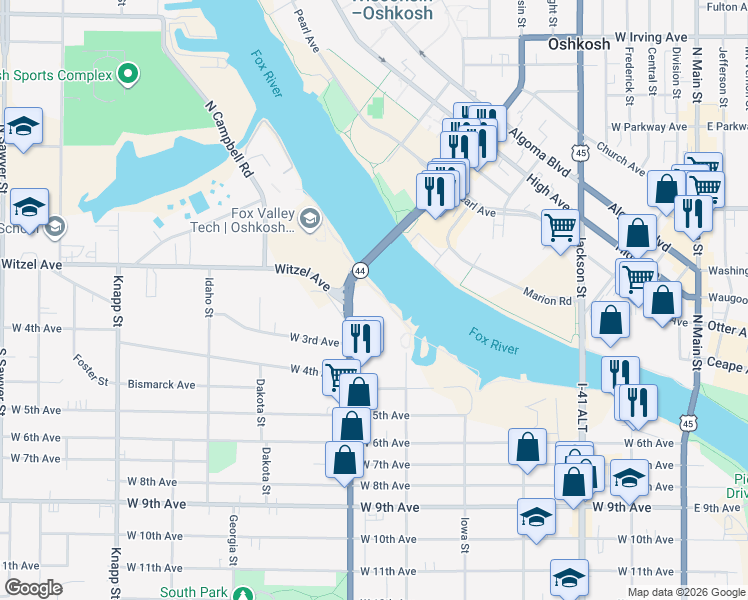 map of restaurants, bars, coffee shops, grocery stores, and more near 200 Ohio Street in Oshkosh