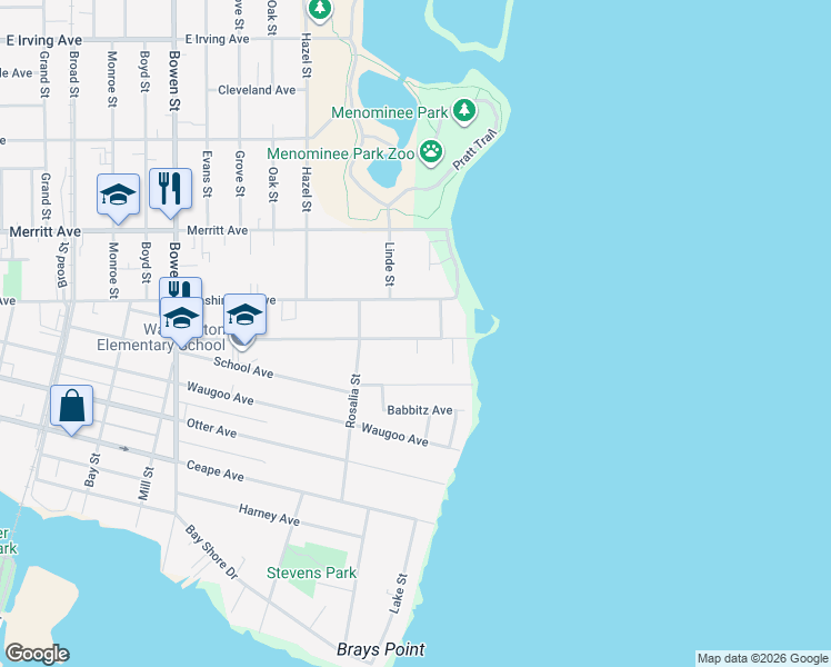 map of restaurants, bars, coffee shops, grocery stores, and more near 1355 Washington Avenue in Oshkosh