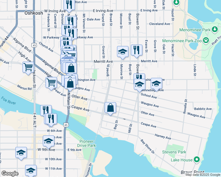 map of restaurants, bars, coffee shops, grocery stores, and more near 503 Washington Avenue in Oshkosh