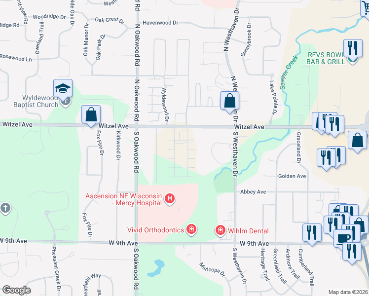 map of restaurants, bars, coffee shops, grocery stores, and more near 2645 Witzel Avenue in Oshkosh