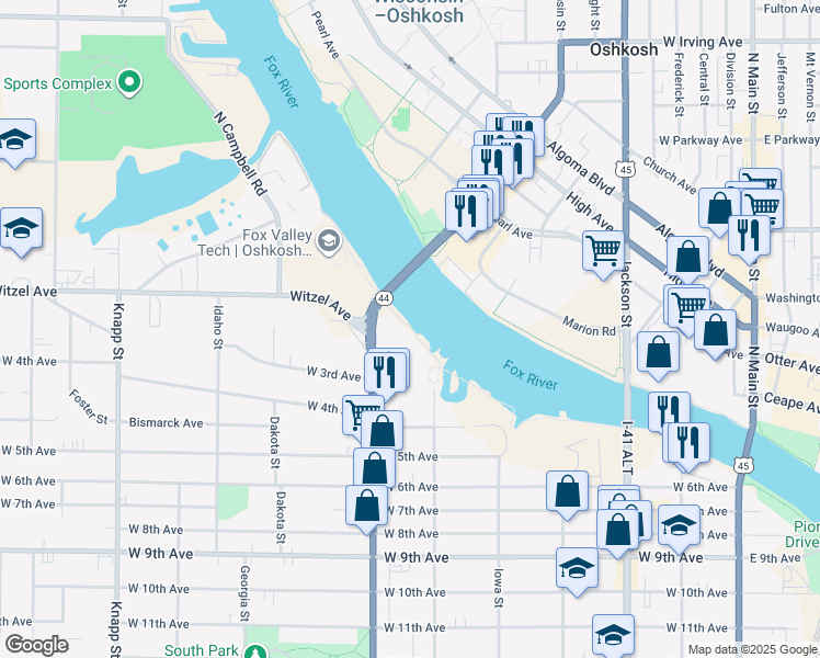 map of restaurants, bars, coffee shops, grocery stores, and more near 200 Ohio Street in Oshkosh