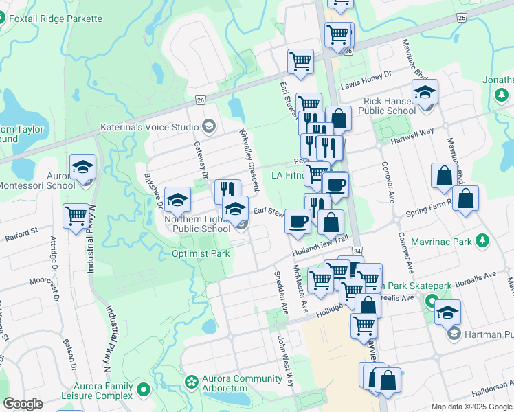 map of restaurants, bars, coffee shops, grocery stores, and more near 66 Earl Stewart Drive in Aurora