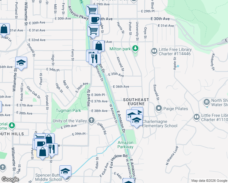 map of restaurants, bars, coffee shops, grocery stores, and more near 3635 East Amazon Drive in Eugene