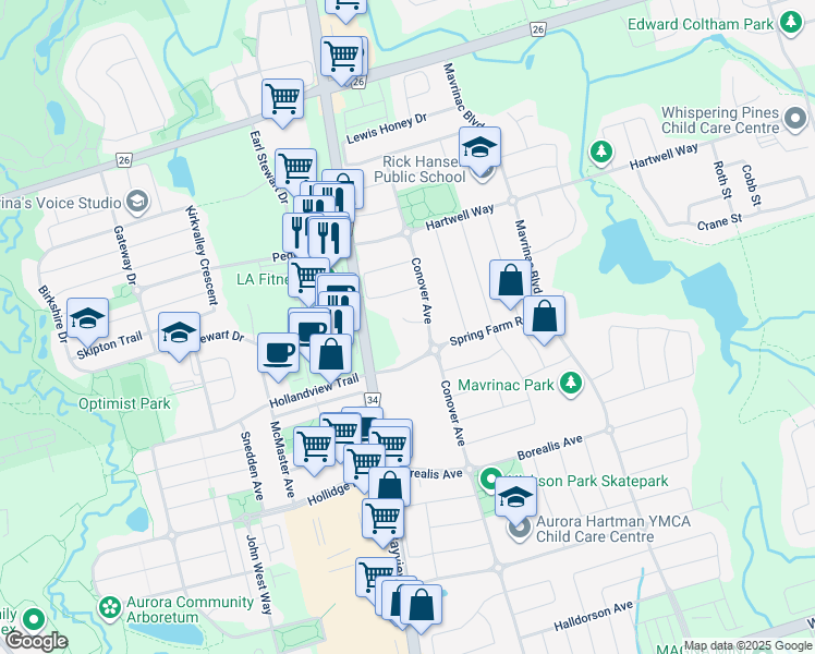 map of restaurants, bars, coffee shops, grocery stores, and more near 15 Matson Court in Aurora