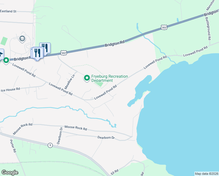 map of restaurants, bars, coffee shops, grocery stores, and more near 185 Lovewell Pond Road in Fryeburg