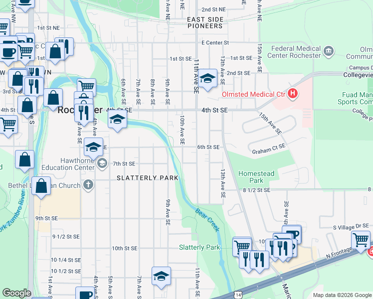 map of restaurants, bars, coffee shops, grocery stores, and more near 1011 1/2 6th Street Southeast in Rochester