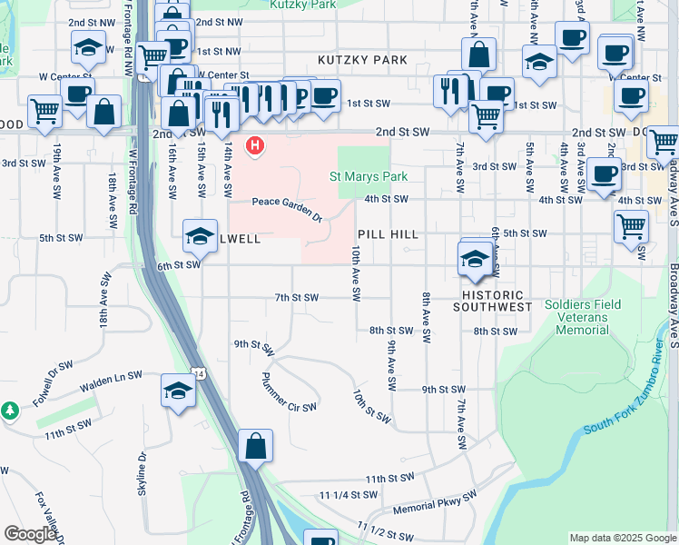 map of restaurants, bars, coffee shops, grocery stores, and more near 1010 6th Street Southwest in Rochester