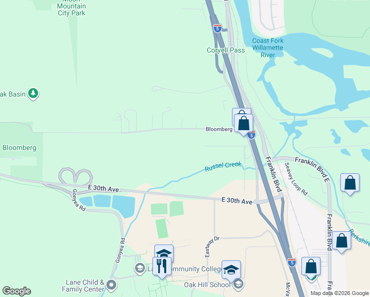 map of restaurants, bars, coffee shops, grocery stores, and more near 33464 Bloomberg Road in Eugene