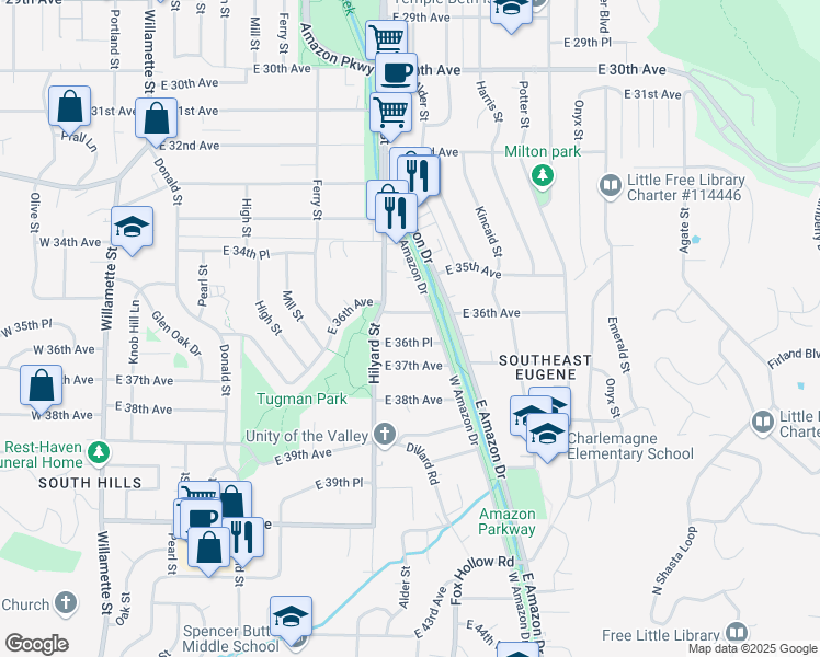 map of restaurants, bars, coffee shops, grocery stores, and more near 3601 Hilyard Street in Eugene