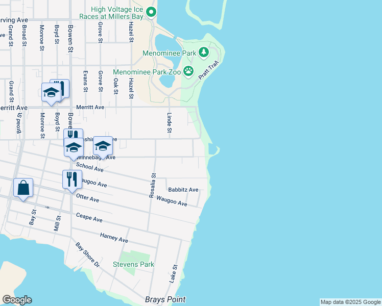map of restaurants, bars, coffee shops, grocery stores, and more near 1355 Washington Avenue in Oshkosh