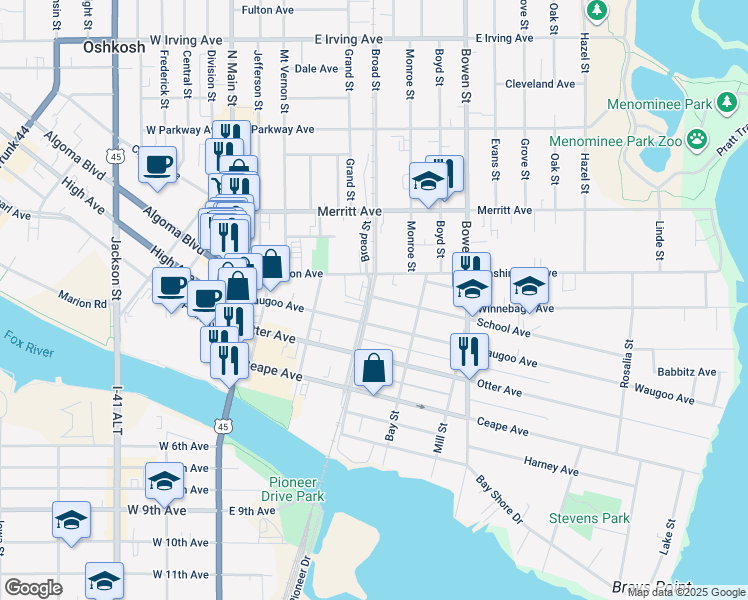 map of restaurants, bars, coffee shops, grocery stores, and more near 503 Washington Avenue in Oshkosh