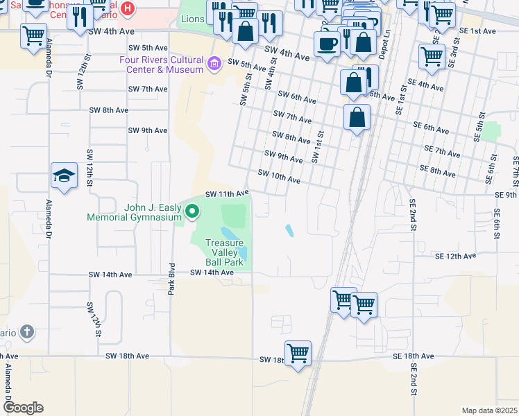 map of restaurants, bars, coffee shops, grocery stores, and more near 1108 Southwest 4th Street in Ontario