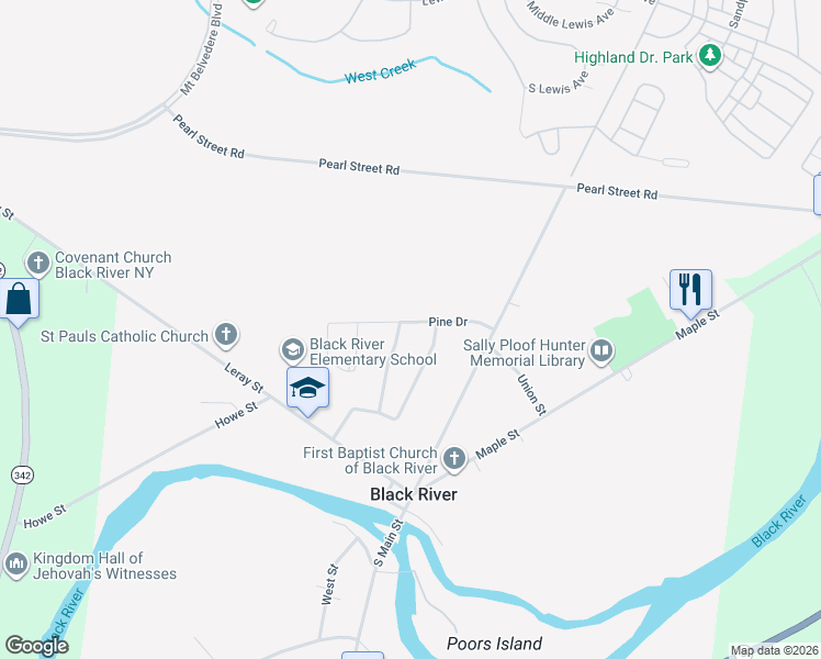 map of restaurants, bars, coffee shops, grocery stores, and more near 111 Pine Drive in Black River