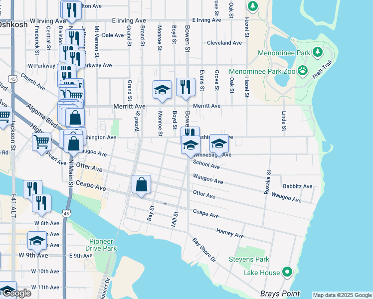 map of restaurants, bars, coffee shops, grocery stores, and more near 370 Bowen Street in Oshkosh