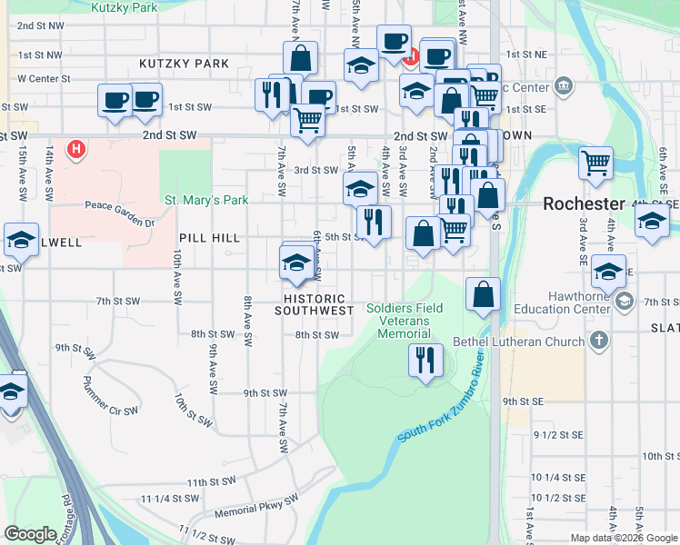 map of restaurants, bars, coffee shops, grocery stores, and more near 515 6th Street Southwest in Rochester