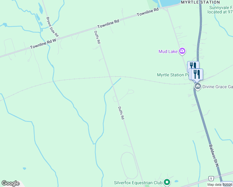 map of restaurants, bars, coffee shops, grocery stores, and more near 9695 Duffs Road in Whitby