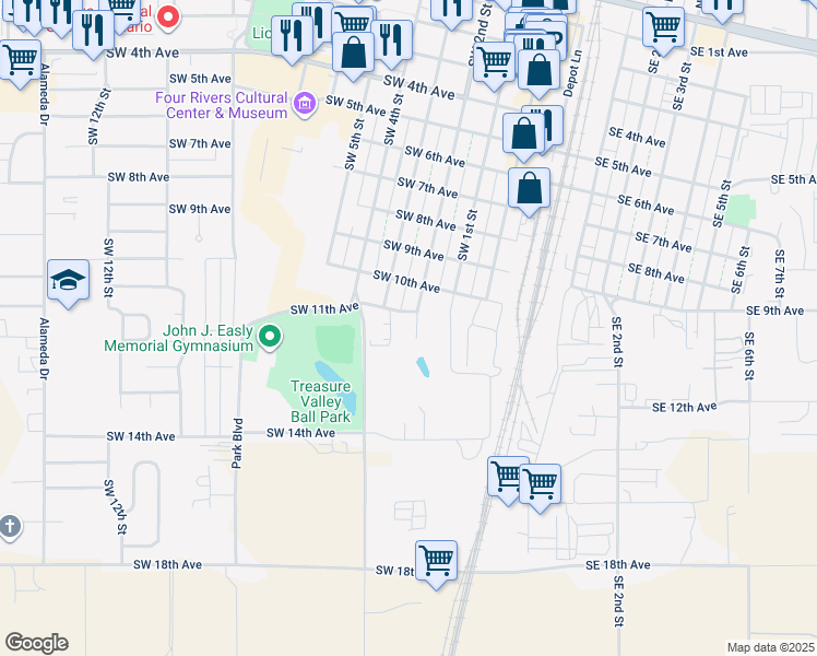 map of restaurants, bars, coffee shops, grocery stores, and more near 204 Southwest 2nd Street in Ontario