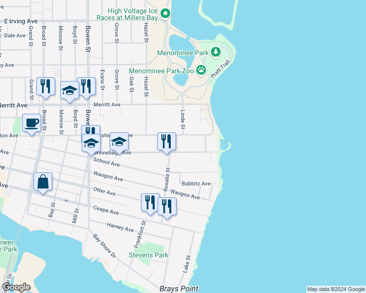 map of restaurants, bars, coffee shops, grocery stores, and more near 1321 Washington Avenue in Oshkosh