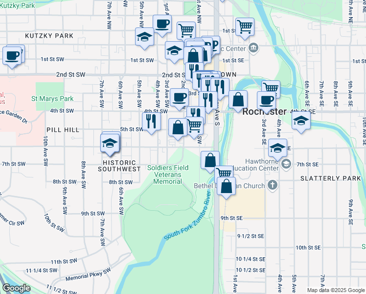 map of restaurants, bars, coffee shops, grocery stores, and more near 6th St SW & 2nd Ave SW in Rochester