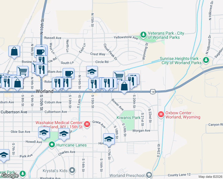 map of restaurants, bars, coffee shops, grocery stores, and more near 101-199 North 17th Street in Worland