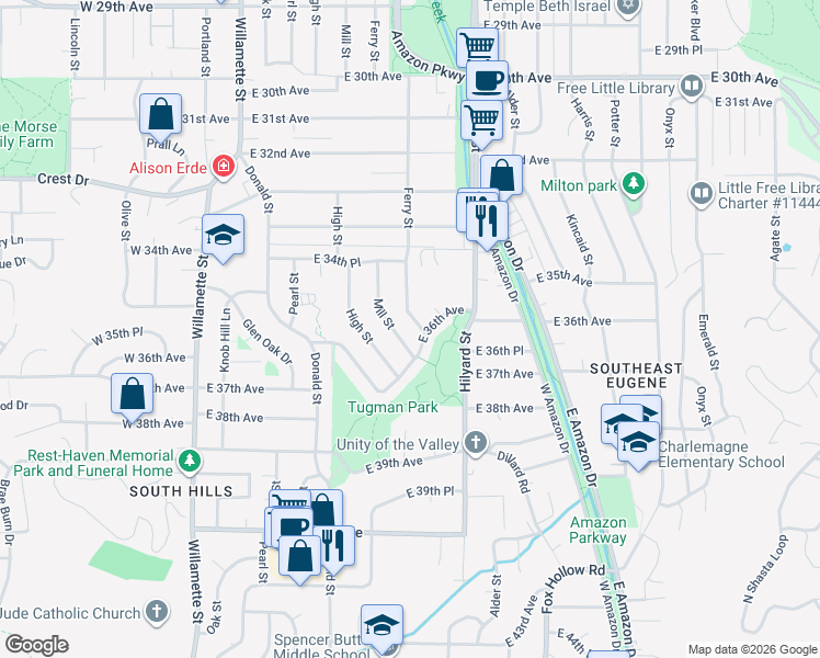 map of restaurants, bars, coffee shops, grocery stores, and more near 3555 Ferry Street in Eugene
