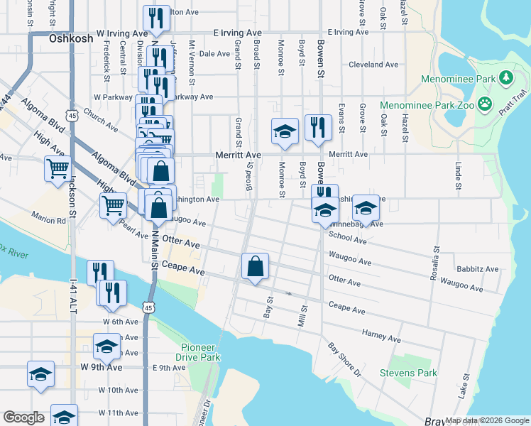 map of restaurants, bars, coffee shops, grocery stores, and more near 503 Washington Avenue in Oshkosh