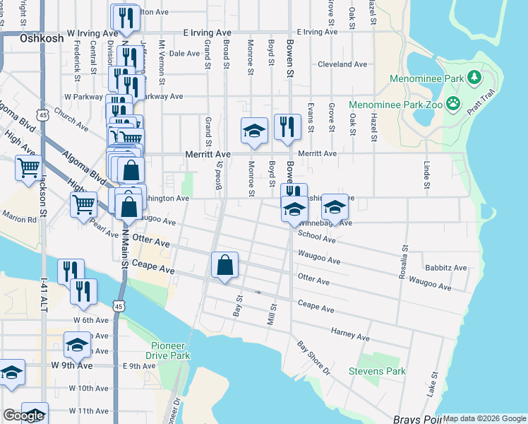 map of restaurants, bars, coffee shops, grocery stores, and more near 701 Shawano Avenue in Oshkosh