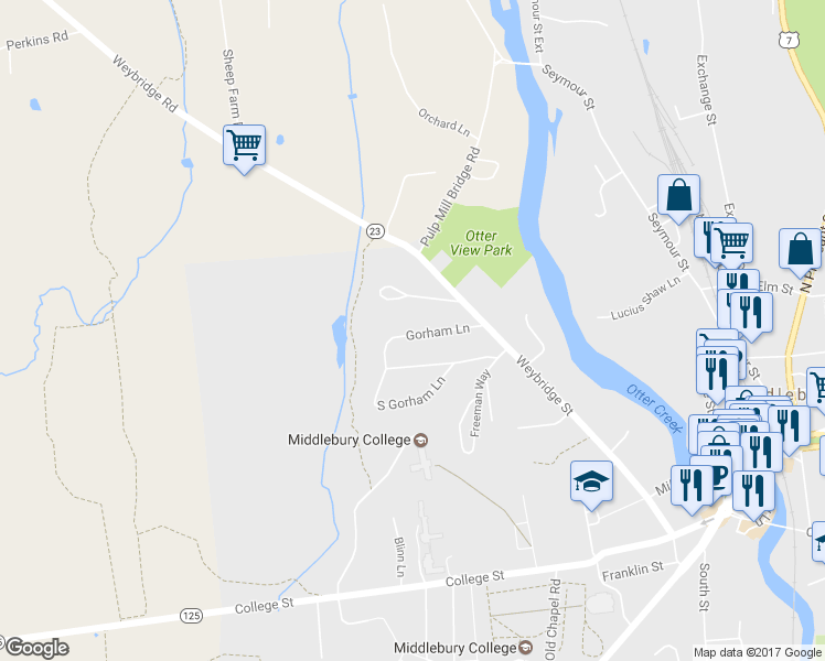 map of restaurants, bars, coffee shops, grocery stores, and more near 10 Gorham Lane in Middlebury
