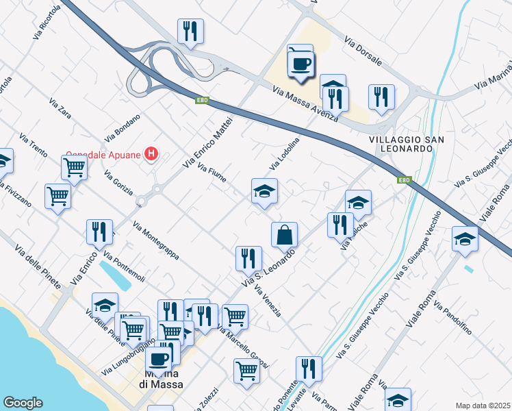 map of restaurants, bars, coffee shops, grocery stores, and more near 28 Via Fiume in Marina di Massa