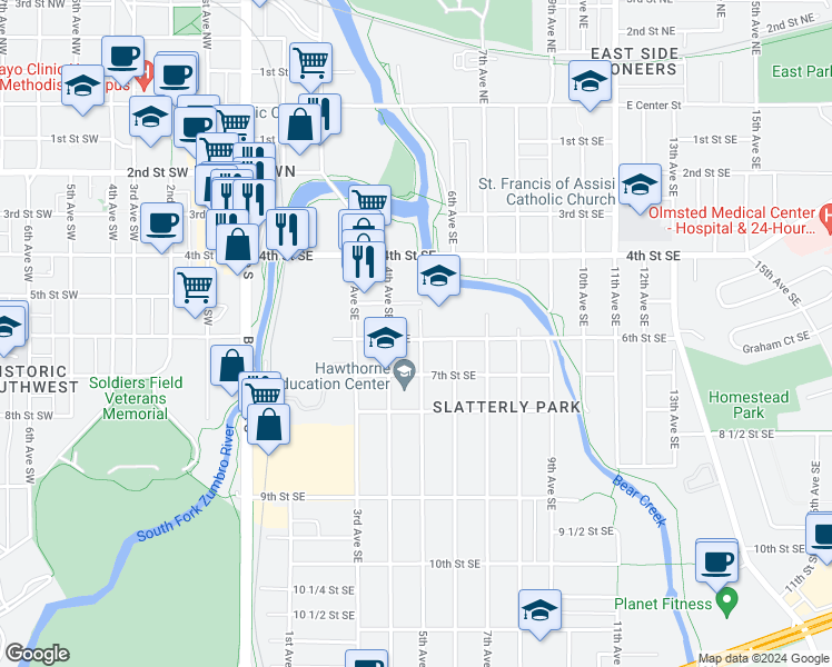 map of restaurants, bars, coffee shops, grocery stores, and more near 423 6th Street Southeast in Rochester