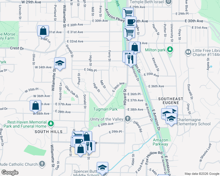 map of restaurants, bars, coffee shops, grocery stores, and more near 3570 Ferry Street in Eugene