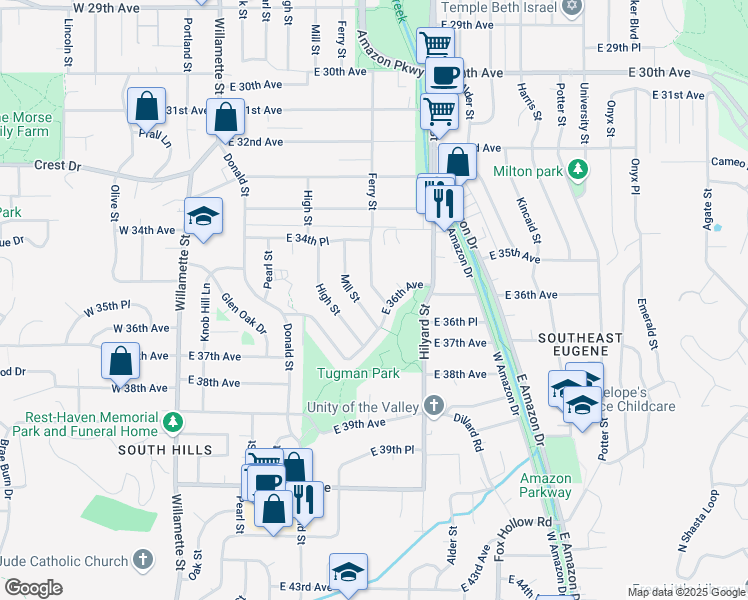 map of restaurants, bars, coffee shops, grocery stores, and more near 3555 Ferry Street in Eugene