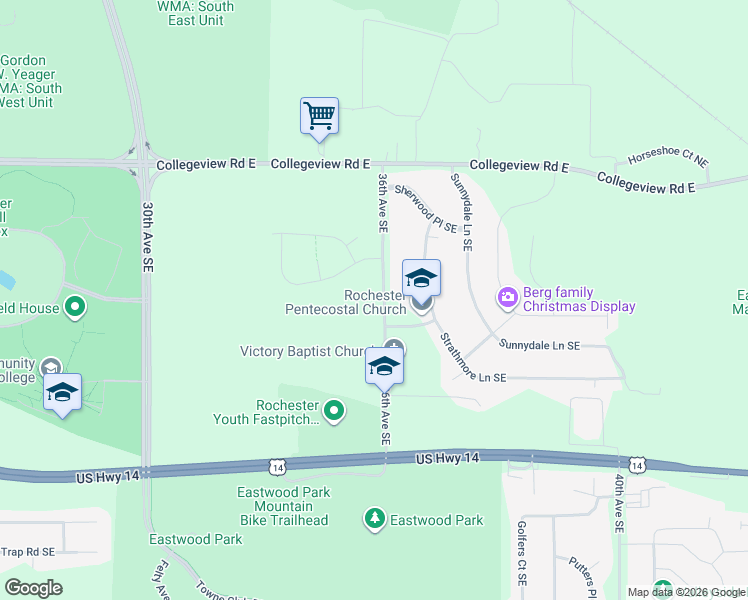 map of restaurants, bars, coffee shops, grocery stores, and more near 404 36th Avenue Southeast in Rochester