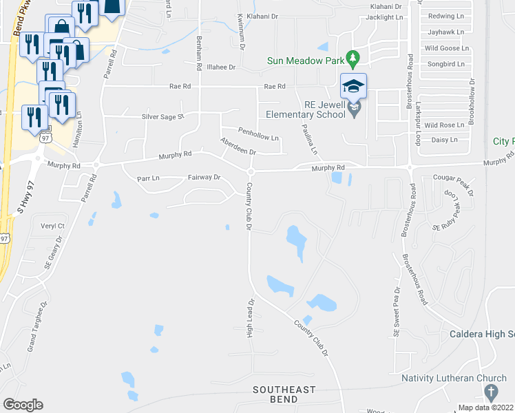 map of restaurants, bars, coffee shops, grocery stores, and more near 61080 Country Club Drive in Bend