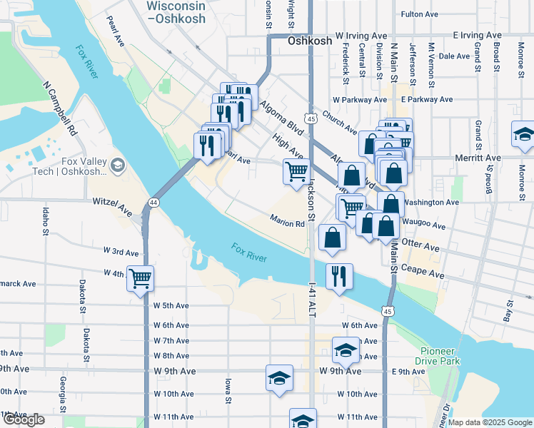 map of restaurants, bars, coffee shops, grocery stores, and more near 460 Marion Road in Oshkosh