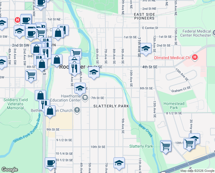 map of restaurants, bars, coffee shops, grocery stores, and more near 701 6th Street Southeast in Rochester