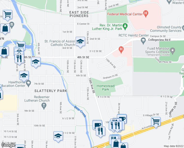 map of restaurants, bars, coffee shops, grocery stores, and more near 1401 6th Street Southeast in Rochester