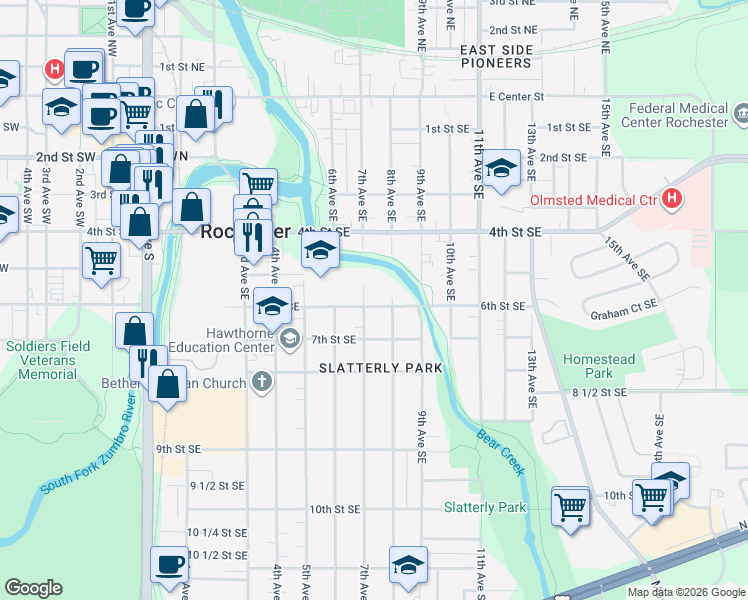 map of restaurants, bars, coffee shops, grocery stores, and more near 701 6th Street Southeast in Rochester