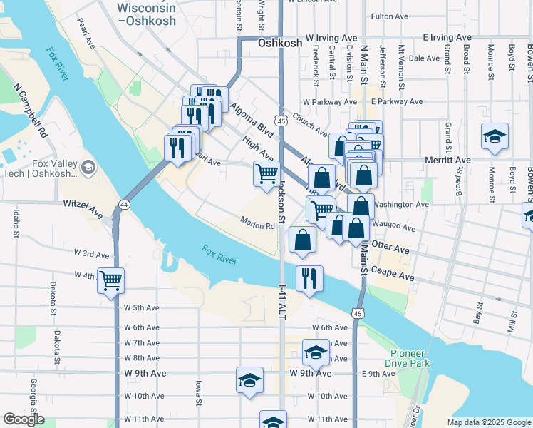 map of restaurants, bars, coffee shops, grocery stores, and more near 135 Jackson Street in Oshkosh