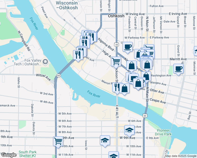 map of restaurants, bars, coffee shops, grocery stores, and more near 474 Marion Road in Oshkosh