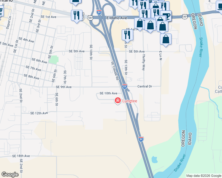 map of restaurants, bars, coffee shops, grocery stores, and more near 1196 Southeast 9th Avenue in Ontario