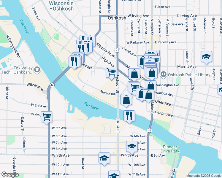 map of restaurants, bars, coffee shops, grocery stores, and more near Jackson Street in Oshkosh