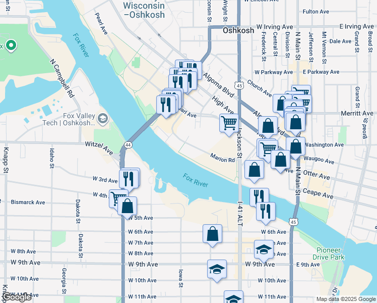 map of restaurants, bars, coffee shops, grocery stores, and more near 474 Marion Road in Oshkosh