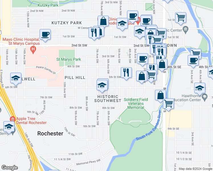 map of restaurants, bars, coffee shops, grocery stores, and more near 609 6th Street Southwest in Rochester